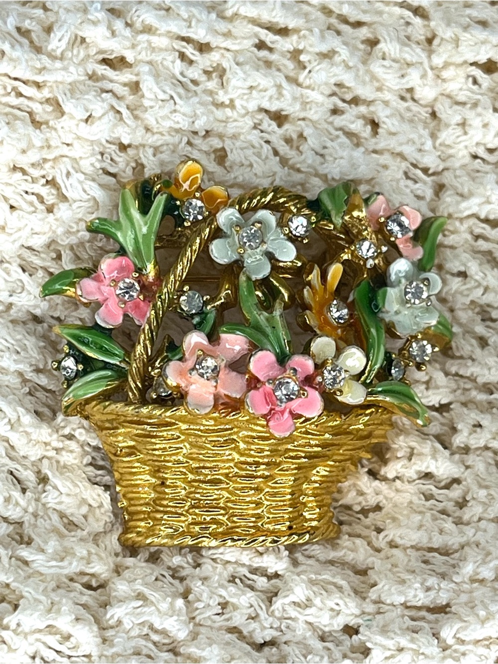 Vintage BSK “My Fair Lady” Gold Tone & Enamel Flower Basket Brooch 1964